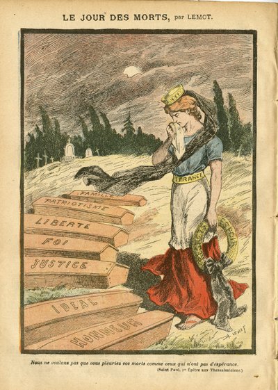 Illusztráció Achille Lemotról (1846-1909) Le Pelerinben, 07.11.03 - A halottak napja - Igazságszolgáltatás, Valláshit, Liberte, Franciaország, Háromszínű zászló, Hazafiság, Gyászoló temetés, Kitüntetés, Koporsó - Marianne - Halál, vallási metafora alkotó: Achille Lemot