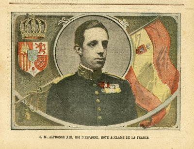 Illusztráció: Achille Lemot (1846-1909) Le Pelerinben, 04.06.05 - XIII. Alfonz, Spanyolország királya, Franciaország forró elismerése - Spanyolország, Monarchia, zászlók, külföldi uralkodó - XIII. Alfonso alkotó: Achille Lemot
