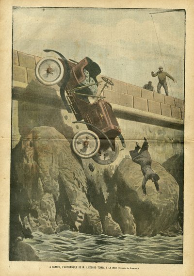 Illusztráció: Achille Lemot (1846-1909) Le Pelerinben, 2007.05.05 - Cannes-ban Liegard úr autója a tengerbe zuhan - Vegyes tények, autóipar, tengeri tengeri tengerpart, balesetek katasztrófák alkotó: Achille Lemot