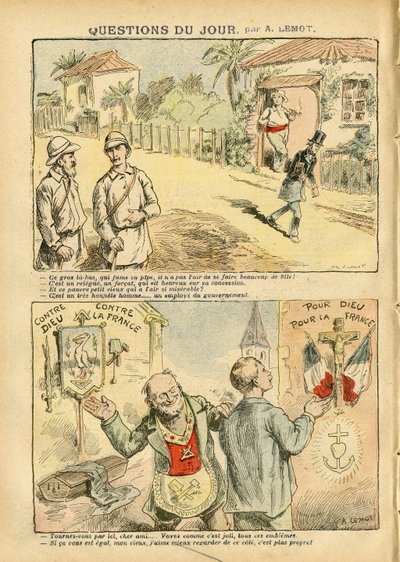 Illusztráció: Achille Lemot (1846-1909) a Le Pelerinben, 06.10.07 - A nap kérdése - Gyarmatosítás Gyarmatosítás Gyarmatosítás, Antimakonizmus Gyarmatosítás, Antimakonizmus Szabadalkotó, Valláshit, Ateizmus, Hazafiság, Száműzetés, Katolikus Katolicizmus - T alkotó: Achille Lemot