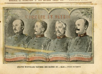 Illusztráció Achille Lemotról (1846-1909) a Le Pelerinben, 2004.11.20 - A blokk gyűlöletének négy új áldozata - Armee, Fiche-ügy, Patriotisme - Rollin ezredes, Mareschal kapitány, Dautriche, Francois kapitány alkotó: Achille Lemot