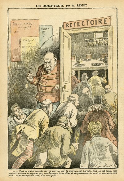 Illusztráció: Achille Lemot (1846-1909) Le Pelerinben, 04.03.27 - A szelídítő - Éttermi kávézók, Gasztronómiai szakács - Combes Emile (1835-1921), Tamer - Étel metafora alkotó: Achille Lemot