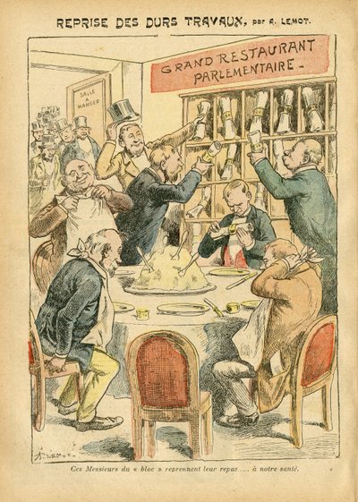 Illusztráció Achille Lemotról (1846-1909) Le Pelerinben, 2007.10.27. - A kemény munka újrakezdése - Antiparlamentarizmus, Éttermi kávézók, Képviselőházi ülésterem, Ballok blokkja, Plate au beurre - Depute - Metafora alimentaire alkotó: Achille Lemot