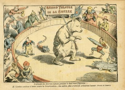 Illusztráció: Achille Lemot (1846-1909) a Le Pelerinben, 2004.02.28 - Különféle nemzetek hozzáállása... - Oroszország, orosz-japán háború - Combes Emile, Medve, Fair Bear - animáció, karnevál/játék/cirkusz alkotó: Achille Lemot