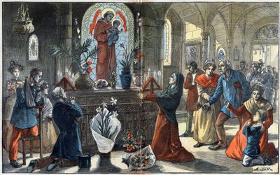 A Páduai Szent Antal (San Antonio di Padova) iránti áhítat újra egyesíti oltára előtt a társadalom minden osztályát – Achille Lemot illusztrációja a „Le-Pelerin” című 1896-os c. alkotó: Achille Lemot