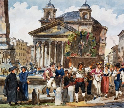 Eperfesztivál a római Pantheonban, Achille Pinelli (1809-1841) akvarellje, Olaszország alkotó: Achille Pinelli