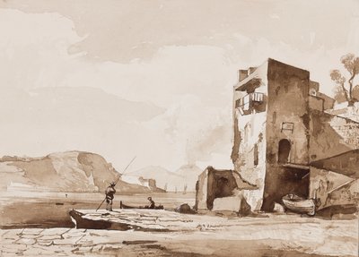 Esetleg kilátás a Posillipóról, a Vezúv a távolban, egy Borbone pupillával (ceruza és szépia mosás papíron) alkotó: Achille Vianelli
