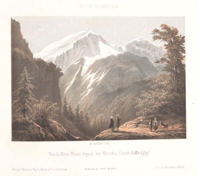 Kilátás a Mer-de-Glace gleccserre La Mer de glace et le Montanvert (cím a tárgyon) Chamonix-Mont-Blanc emléke (sorozat címe) Museum du Mont-Blanc (sorozat címe a tárgyon) alkotó: Ad. Cuvillier