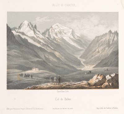 Kilátás Les Planards falujára a Montenvers felé vezető úton Les Planaz, chemin du Montanvert (cím a tárgyon) Chamonix-Mont-Blanc emléke (sorozat címe) Museum du Mont Blanc (sorozat címe) alkotó: Ad. Cuvillier