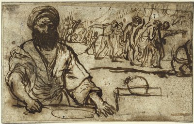 Ülő szakállas férfi, a háttérben emberek és lovasok menete alkotó: Adam Elsheimer