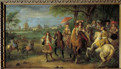 XIV. Lajos király (1638-1715) és Marie Teréz osztrák királynő (1638-1683) Vincennes vára előtt sétálnak 1669-ben Adam Frans Van der Meulen (1632-1690) festménye alkotó: Adam Frans van der Meulen