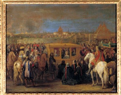 XIV. Lajos király (1638-1715) és Mária Teréz osztrák királynő ünnepélyes bevonulása Douaiba 1667.08.23-án (a hintóján ülő királynő a város dinginjei jutalmát kapja szuzerénként) Adam Frans Van festménye der Meulen (1632-1690). 1667 körül alkotó: Adam Frans van der Meulen