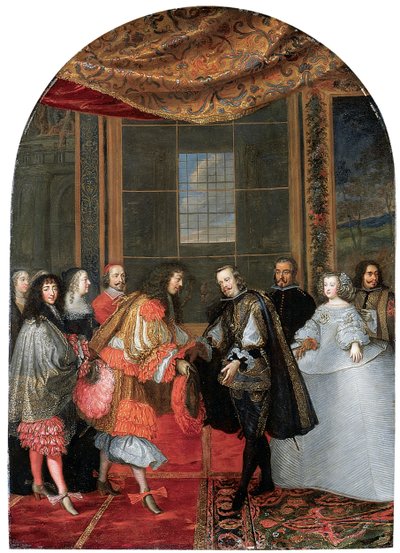 IV. Fülöp és XIV. Lajos király találkozása a Fácánszigeten (olaj a rézre) alkotó: Adam Frans van der Meulen