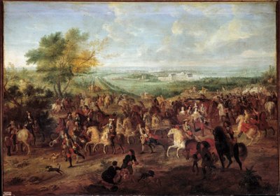 Séta XIV. Lajos király (1638-1715), Mária Terézia osztrák királynő, Dauphin Lajos és Dauphine kocsiján a versailles-i Clagny vára előtt Adam van der Meulen (1632-1690) festménye 1680 körül V. 1,4x1,9 alkotó: Adam Frans van der Meulen