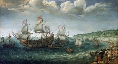 I. Wittelsbachi Frigyes (1596-1632), pfalzi választófejedelem (aki később cseh király lesz) beszállása a "Prince Royal" hajóra Doverben (Anglia), április 25-én. alkotó: Adam Willaerts