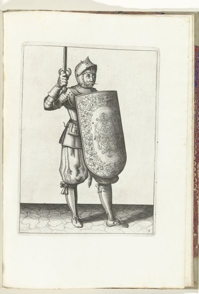 A célpont és kardász gyakorlat: A katona az arcánál nem magasabbra tartja a megrajzolt kardászt (5. sz.), 1618 A Nassausche Wapen-Handelinge, van Schilt, Kémek, Rappier és a Célpont: Beyde Figuerlick ábrázolva, és az új sorrend szerint bekeretezve. alkotó: Adam van Breen