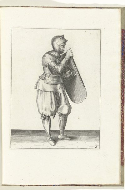Gyakorlat a céltáblával és a karddal: a katona jobb kézzel tartja a céltáblát, bal kezével megragadja az övet (3. sz.), 1618 A Nassausche Wapen-Handelinge, van Schilt, Kémek, Rappier ende Targe : a figura ábrázolja, és a díszlet a alkotó: Adam van Breen