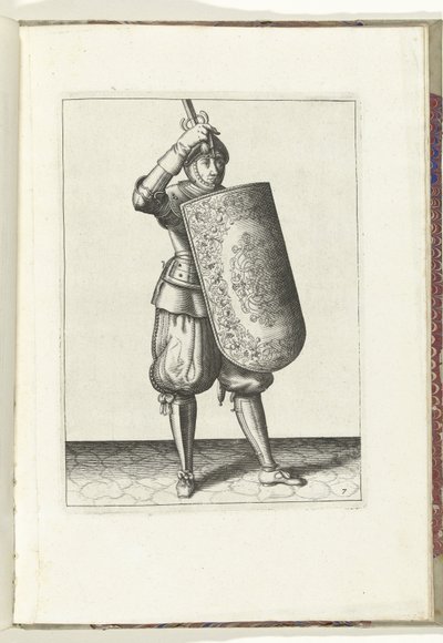 A fúró a céltáblával és a karddal: hogyan zárja le a katona sisakjának védőszemüvegét a céltáblával és a kirajzolt karddal a kezében (7. sz.), 1618 A Nassausche Wapen-Handelinge, van Schilt, Kémek, Rappier és a célpont: Beyde figuerlick ábrázolva, és a alkotó: Adam van Breen