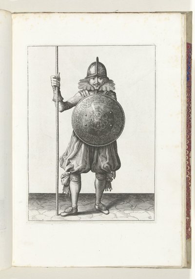 A gyakorlat pajzzsal és lándzsával: a katona háromszor visszateszi a lándzsát nyugalmi helyzetbe, harmadik mozdulat (12. sz.), 1618 A Nassausche Wapen-Handelinge, van Schilt, Kémek, Rappier és a Célpont: Beyde Figuerlick ábrázolva, ende keretezve alkotó: Adam van Breen
