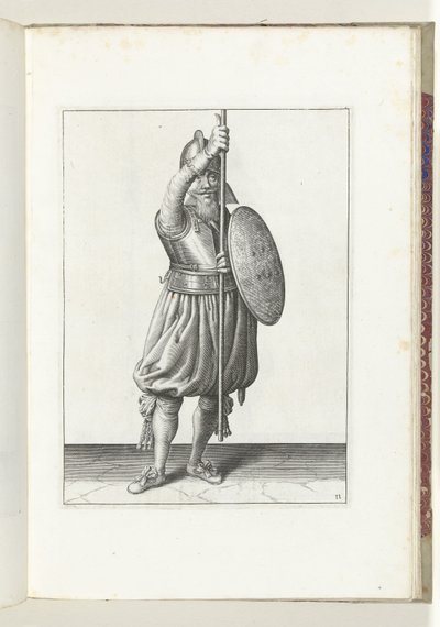 A gyakorlat pajzzsal és lándzsával: a katona háromszor visszateszi a lándzsát nyugalmi helyzetbe, második mozdulat (11. sz.), 1618 A Nassausche Wapen-Handelinge, van Schilt, Kémek, Rappier és a célpont: Beyde Figuerlick ábrázolva, a bekeretezett pedig a alkotó: Adam van Breen