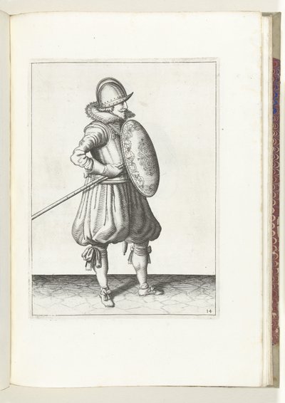 A gyakorlat pajzzsal és lándzsával: a katona két alkalommal hozza a lándzsát vontatási helyzetbe, második mozdulat (14. sz.), 1618 A Nassausche Wapen-Handelinge, van Schilt, Kémek, Rappier ende Targe : a figura ábrázolja, és az új után pózol alkotó: Adam van Breen
