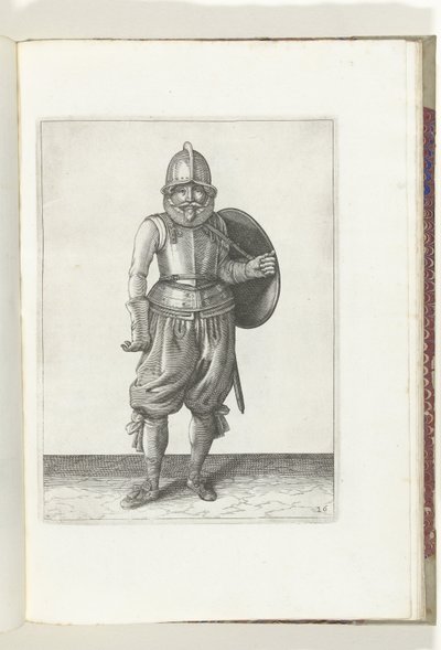 Gyakorlat pajzzsal és lándzsával: a katona bal karjával visszahozza a pajzsot a hátára (26. sz.), 1618 A Nassausche Wapen-Handelinge, van Schilt, Kémek, Rappier ende Targe : a figura ábrázolja, és az új sorrend szerint [of] (.. alkotó: Adam van Breen