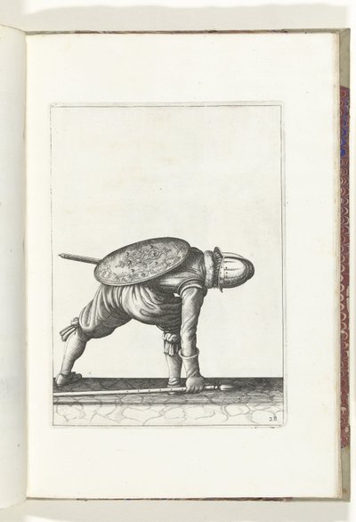 A pajzs és tüske gyakorlat: A katona lehajol, hogy felvegye a tüskét (28.), 1618 A Nassausche Wapen-Handelinge, van Schilt, Kémek, Rappier és a célpont: beyde figuerlick ábrázolva, és az új rend szerint bekeretezve [a] (...) Maurits van Nassau (t alkotó: Adam van Breen