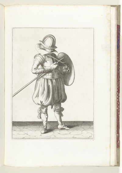 A pajzs és tüske gyakorlat: A katona testéhez közel tartja a tüskét és a pajzsot (15. sz.), 1618 A Nassausche Wapen-Handelinge, van Schilt, Kémek, Rappier és a célpont : figuerlick beyde ábrázolva, és az új rend szerint bekeretezve [of] (...) Maurit alkotó: Adam van Breen
