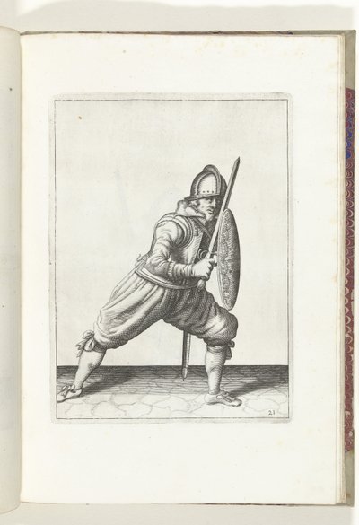 A pajzs és tüske gyakorlat: A katona védekező pozícióban, egyik lábával elöl, karddal és pajzsával a térdén a test előtt (21. sz.), 1618 The Nassausche Wapen-Handinge, van Schilt, Spies, Rappier andde Targe: beyde figuerli alkotó: Adam van Breen