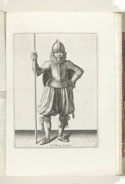 A pajzs és tüske gyakorlat: A katona nyugalomban, tüske a kézben és pajzs a háton (1. sz.), 1618 A Nassausche Wapen-Handelinge, van Schilt, Kémek, Rappier és a célpont: beyde figuerlick ábrázolva, ende az új rend szerint keretezve ( alkotó: Adam van Breen