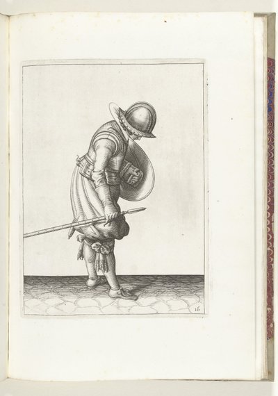 A pajzs és tüske gyakorlat: A katona a földre teszi a tüskét a jobb lába mellé (16. sz.), 1618 A Nassausche Wapen-Handelinge, van Schilt, Kémek, Rappier és a célpont : Beyde Figuerlick ábrázolva, és az új sorrend szerint bekeretezve [a] (...) M alkotó: Adam van Breen