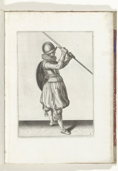 A pajzs és tüske gyakorlat: A katona mindkét kezében a tüskével és a pajzzsal a hátán (2. sz.), 1618 A Nassausche Wapen-Handelinge, van Schilt, Kémek, Rappier és a célpont : beyde figuerlick ábrázolva, és az új rend szerint bekeretezett [va alkotó: Adam van Breen