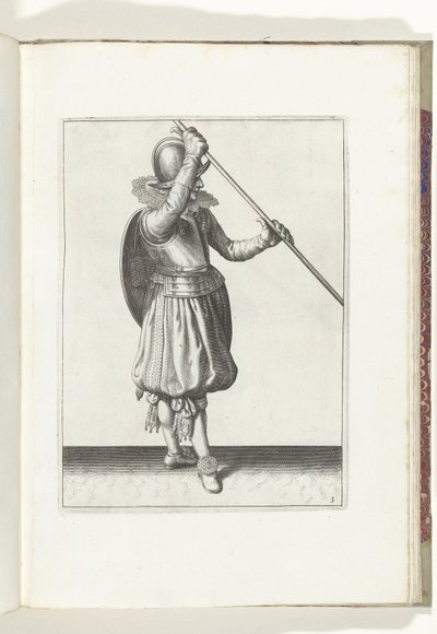 Gyakorlat pajzzsal és lándzsával: a katona két kezében a lándzsával, a jobb kezével a fej közelében, a pajzzsal a hátán (3. sz.), 1618 A Nassausche Wapen-Handelinge, van Schilt, Kémek, Rappier ende Cél: beyde figuerlick a képen, vége alkotó: Adam van Breen