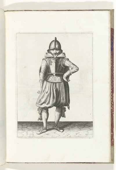 De exercitie met schild en spies: de soldaat staande in rust met het schild op de rug (nr. 27), 1618 De Nassausche Wapen-Handelinge, van Schilt, Spies, Rappier ende Targe : beyde figuerlick afgebeelt, ende gestelt na de nieu ordening [van] (...) Maurits v alkotó: Adam van Breen