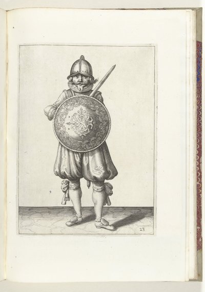 A gyakorlat pajzzsal és lándzsával: a nyugalomban álló katona karját a bal vállára támasztja a pajzs mögött (23. sz.), 1618 A Nassausche Wapen-Handelinge, van Schilt, Kémek, Rappier ende Targe : a figura ábrázolja, az ende az n után pózolva alkotó: Adam van Breen