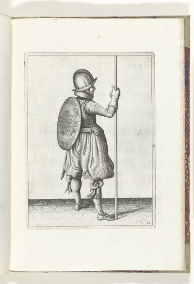 A gyakorlat pajzzsal és lándzsával: a katona lándzsával a jobb láb mellett a földön áll (30. sz.), 1618 A Nassausche Wapen-Handelinge, van Schilt, Kémek, Rappier ende Targe: a figura ábrázolja, és az új rend szerint pózol alkotó: Adam van Breen