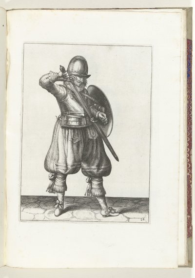The Shield and Spike Exercise: The Soldier Resheathing His Rapier (24. sz.), 1618 A Nassausche Wapen-Handelinge, van Schilt, Kémek, Rappier és a célpont : beyde figuerlick ábrázolva, és az új rend szerint bekeretezve [of] (...) Maurits van alkotó: Adam van Breen