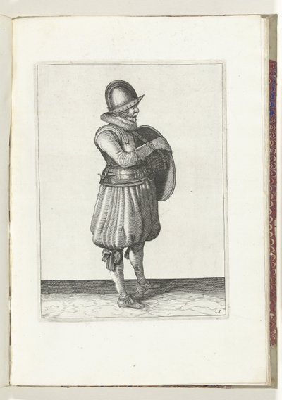 A pajzs és tüske gyakorlat: A katona kihúzza a karját a pajzsövből (25. sz.), 1618 A Nassausche Wapen-Handelinge, van Schilt, Kémek, Rappier és a célpont : Beyde Figuerlick ábrázolva, és az új rend szerint bekeretezve [a] (...) Maurits alkotó: Adam van Breen