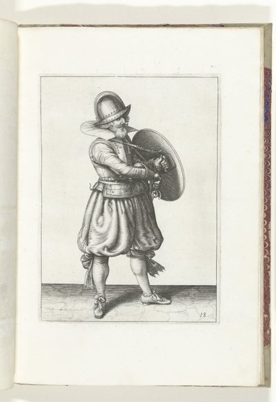 A pajzs és tüske gyakorlat: A katona a pajzsa mögül kihúzza a rapírját (18. sz.), 1618 A Nassausche Wapen-Handelinge, van Schilt, Kémek, Rappier és a célpont : beyde figuerlick ábrázolva, és az új rend szerint bekeretezve [of] (...) Maurits v. alkotó: Adam van Breen