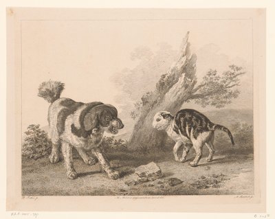 Kutya és macska harci állásban egymás ellen Állatok holland mesterek festményei után (sorozat címe) Différens animaux graves d