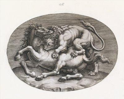 A római nagyszerűség tükre: Oroszlán megtámad egy lovat, 1540-80. alkotó: Adamo Scultori