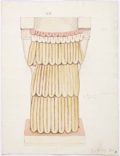 Caryatid a külső kamrából, A templom, labdapálya, Chichen Itza, Mexikó (akvarell) alkotó: Adela Breton