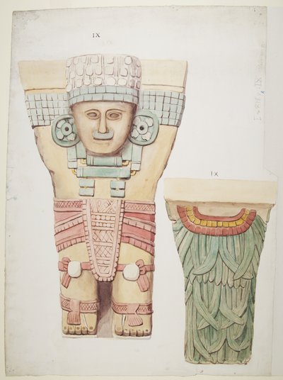 Caryatid a külső kamrából, A templom, labdapálya Chichen Itza, Mexikó (akvarell) alkotó: Adela Breton