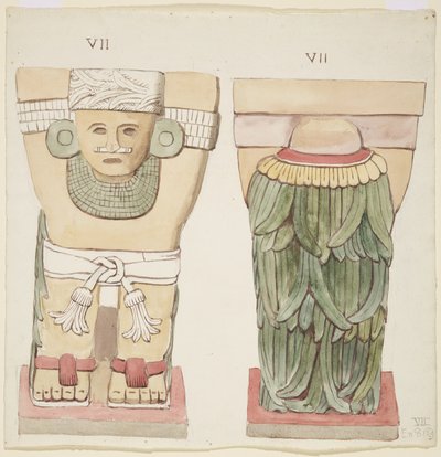 Caryatid a külső kamrából, A templom, labdapálya, Chichen Itza, Mexikó (akvarell) alkotó: Adela Breton