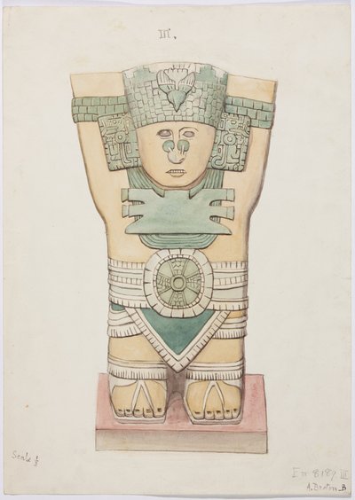 Caryatid a külső kamrából, A templom, labdapálya, Chichen Itza, Mexikó (akvarell) alkotó: Adela Breton
