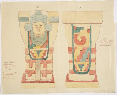 Caryatid a külső kamrából, Jaguárok felső temploma (A templom), labdapálya, Chichen Itza (akvarell) alkotó: Adela Breton
