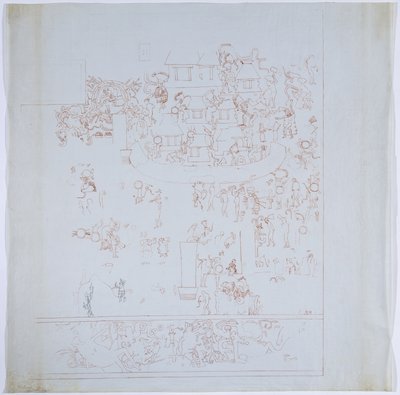 Egy teljes falfestmény másolata a nyugati falról, a Jaguárok felső temploma, Chichen Itza, Mexikó Belső kamra a nyugati falon Piros tintával rajzolva (vörös és fekete tintával és grafittal) alkotó: Adela Breton