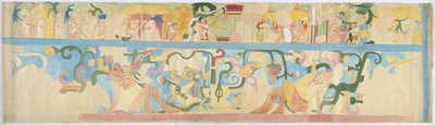 Egy falfestmény másolata a délnyugati falról, a Jaguárok felső temploma, Chichen Itza, Mexikó (akvarell és testfesték) alkotó: Adela Breton