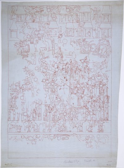 Rajz a déli falról, a Jaguárok felső templomáról, Chichen Itza, Mexikó (vörös tintával) alkotó: Adela Breton