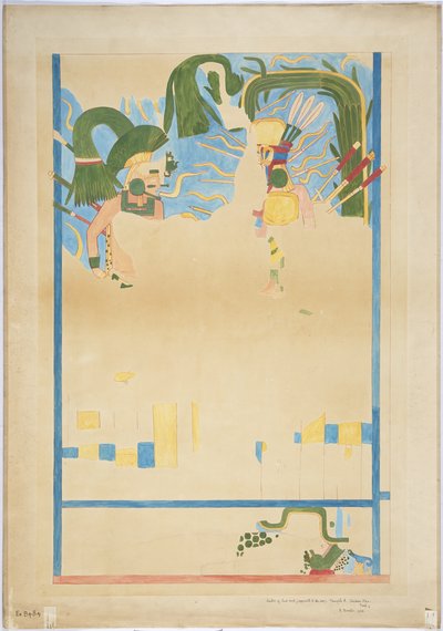 Negyedléptékű falfestmény másolata a keleti fal közepéről, belső kamra, Jaguárok felső temploma, Great Ball Court, Chichen Itza, Mexikó (akvarell, testfesték, vörös tus és grafit) alkotó: Adela Breton